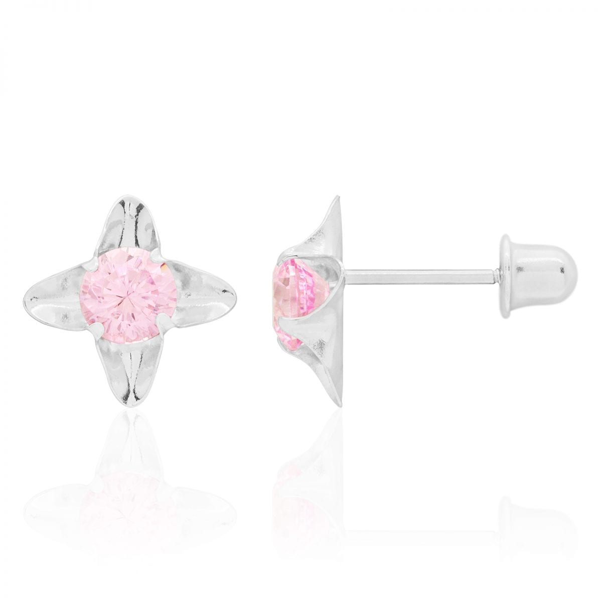 14k White Gold Round Cut Pink Tourmaline Flower Screwback Stud Kid Earrings 7mm