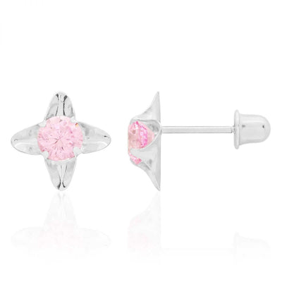 14k White Gold Round-Cut Pink Tourmaline Flower Screw Back Stud Kid Earrings 7mm
