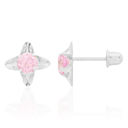 14k White Gold Round Cut Pink Tourmaline Flower Screwback Stud Kid Earrings 7mm