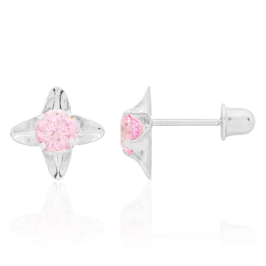 14k White Gold Round Cut Pink Tourmaline Flower Screwback Stud Kid Earrings 7mm