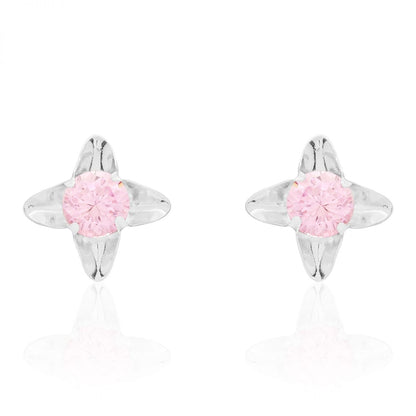14k White Gold Round Cut Pink Tourmaline Flower Screwback Stud Kid Earrings 7mm