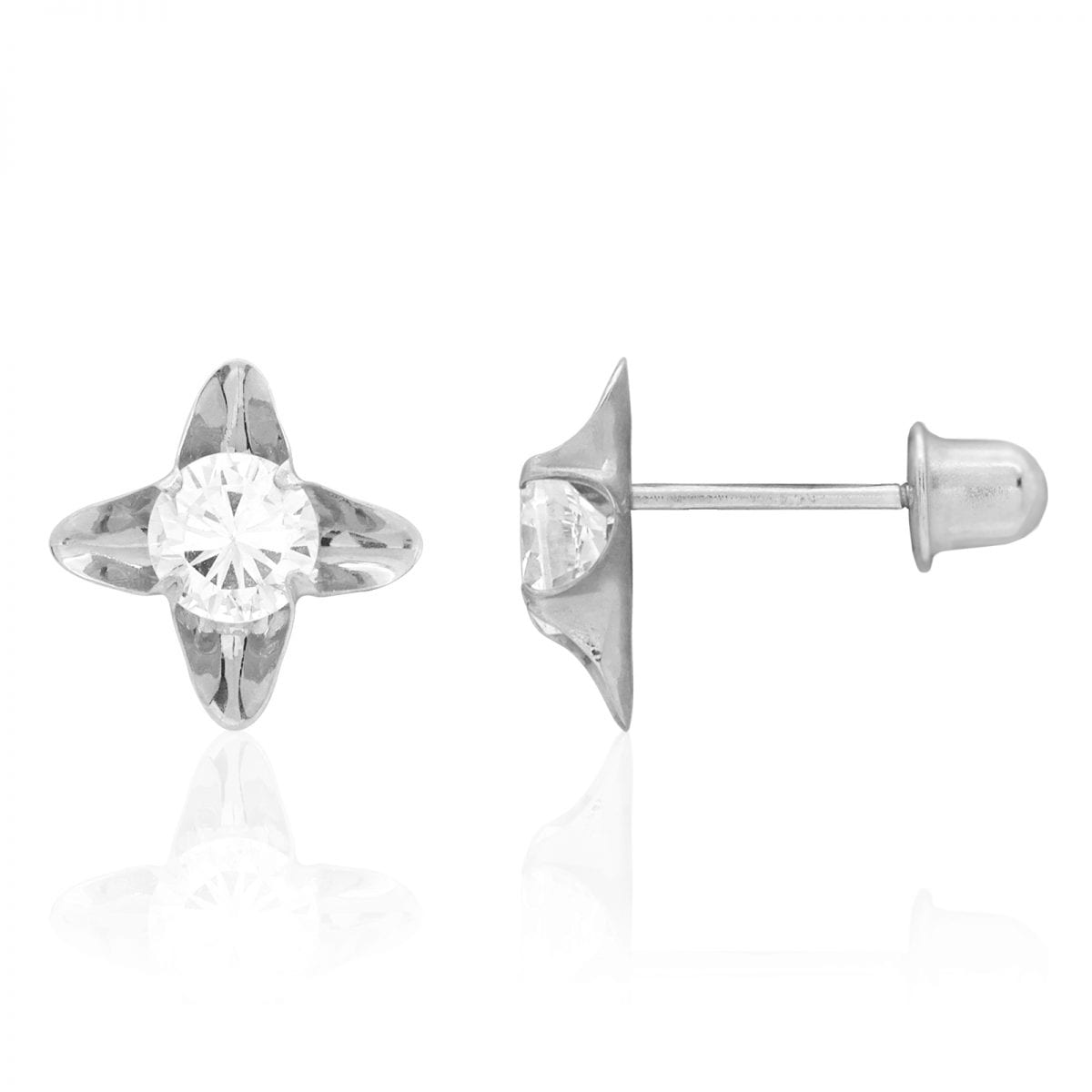 Round Cut White Zircon Flower Baby Screwback Stud Earrings 14k White Gold 7mm