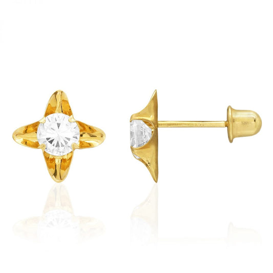 Round Cut White Zircon Flower Baby Screwback Stud Earrings 14k Yellow Gold 7mm