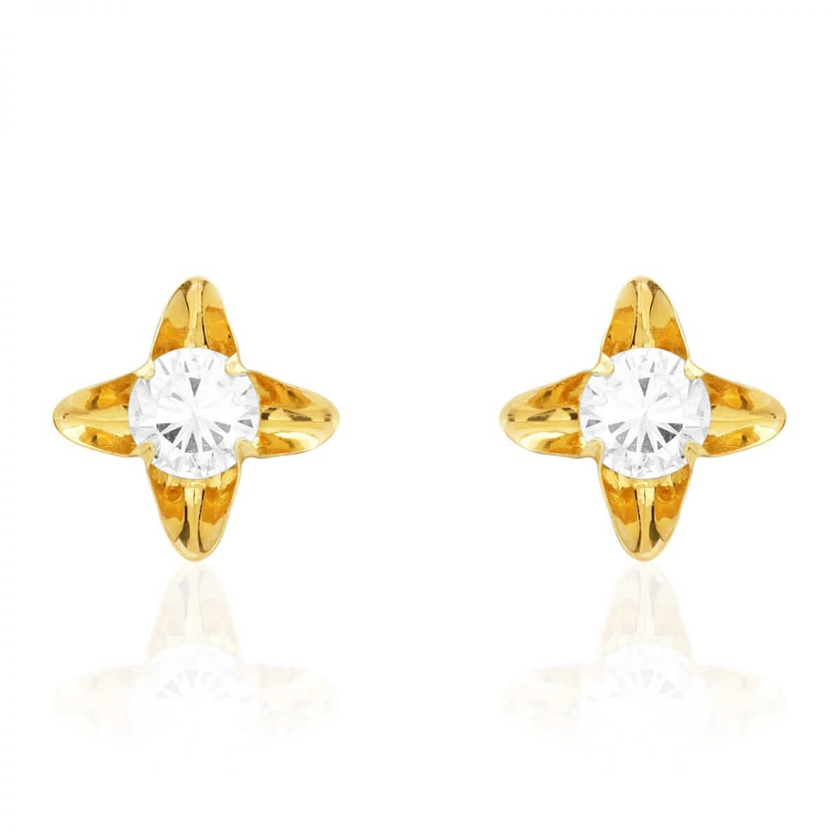 Round-Cut White Zircon Flower Baby Screw Back Stud Earrings 14k Yellow Gold 7mm