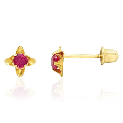 14k Yellow Gold Round-Cut Ruby Flower Baby Screw Back Stud Gemstone Earrings 5mm