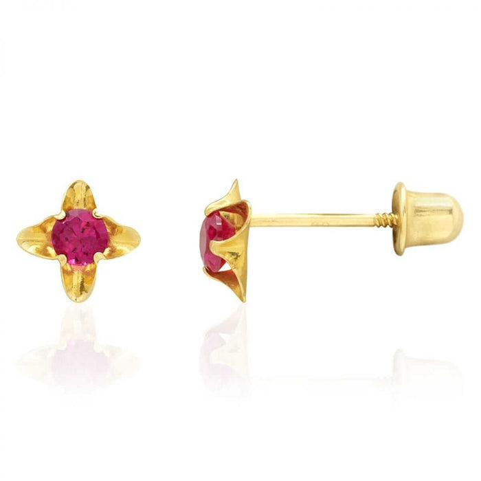 14k Yellow Gold Round-Cut Ruby Flower Baby Screw Back Stud Gemstone Earrings 5mm