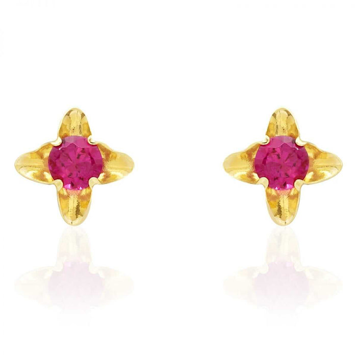 14k Yellow Gold Round-Cut Ruby Flower Baby Screw Back Stud Gemstone Earrings 5mm