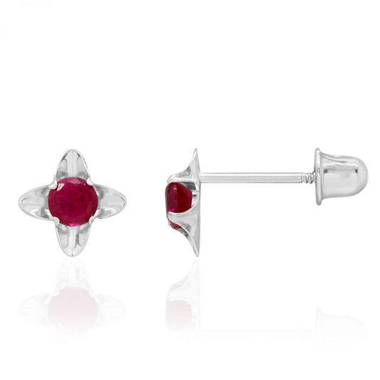 Round Cut Ruby Gemstone Flower Baby Screwback Stud Earrings 5mm 14k White Gold