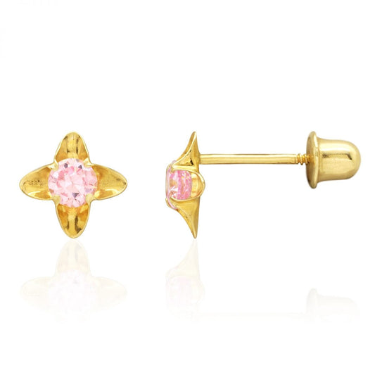 14k Real Gold Round Cut Pink Tourmaline Flower Screwback Stud Earrings 5mm