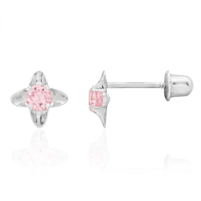 Round-Cut Pink Tourmaline Flower Baby Screw Back Stud Earrings 14k White Gold 5mm