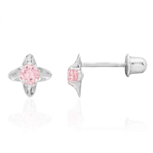 Round Cut Pink Tourmaline Flower Baby Screwback Stud Earrings 14k White Gold 5mm