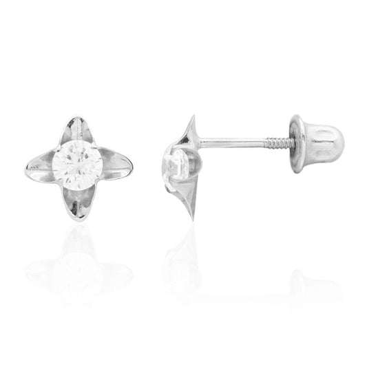 Round Cut White Zircon Flower Baby Screwback Stud Earrings 14k White Gold 5mm