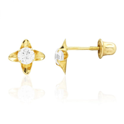 14K Real Gold Round-Cut White Zircon Flower Baby Screwback Stud Earrings 5mm