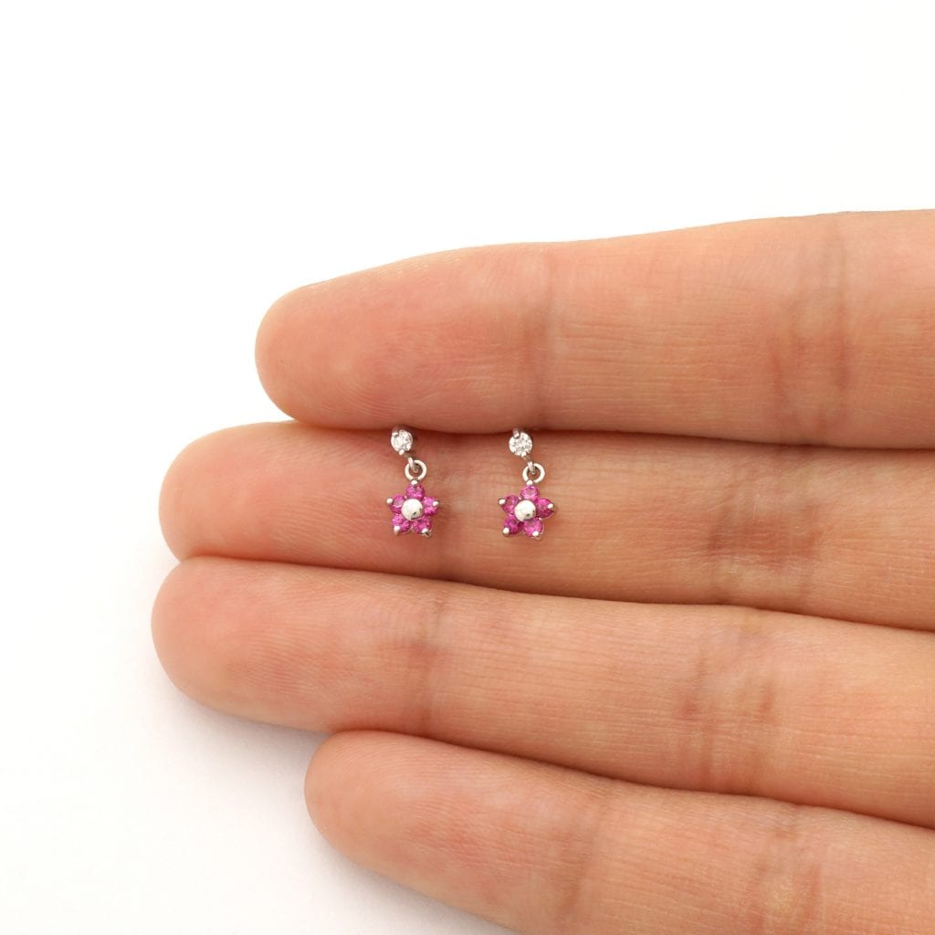 Kid's 14k Yellow White Gold Ruby Flower  Screw Back Earrings