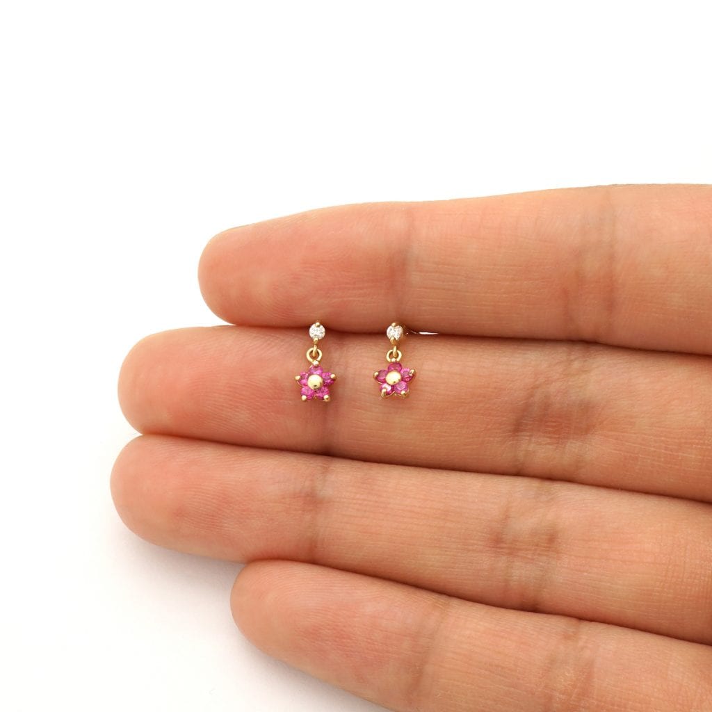 Kid's 14k Yellow White Gold Ruby Flower  Screw Back Earrings