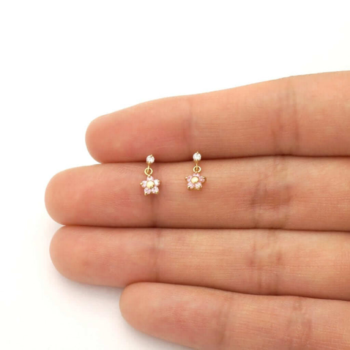 Kids 14K Yellow White Gold Pink Tourmaline Flower Dangle Earrings