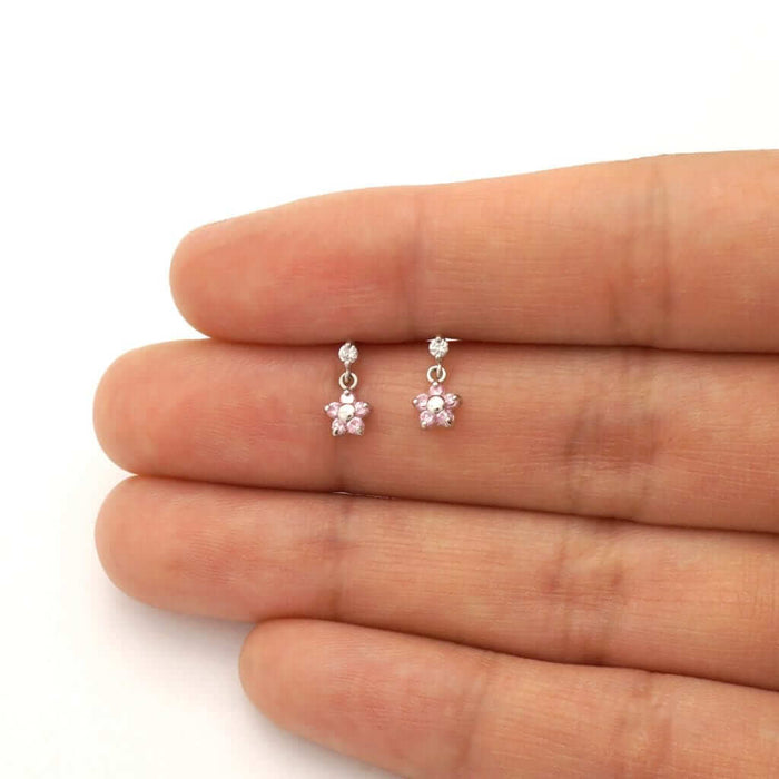 Kids 14K Yellow White Gold Pink Tourmaline Flower Dangle Earrings