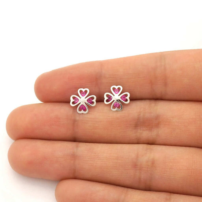 Ruby Four Leaf Clover Lucky Charm Baby Screw Back Stud Earrings 14k White Gold
