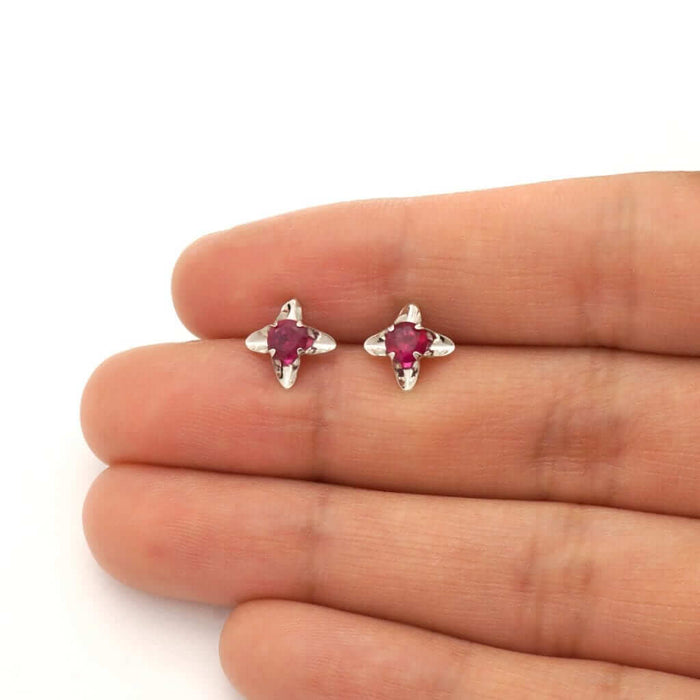 14K Gold Round-Cut Ruby Birthstone Flower Baby Screw Back Stud Earrings 7mm