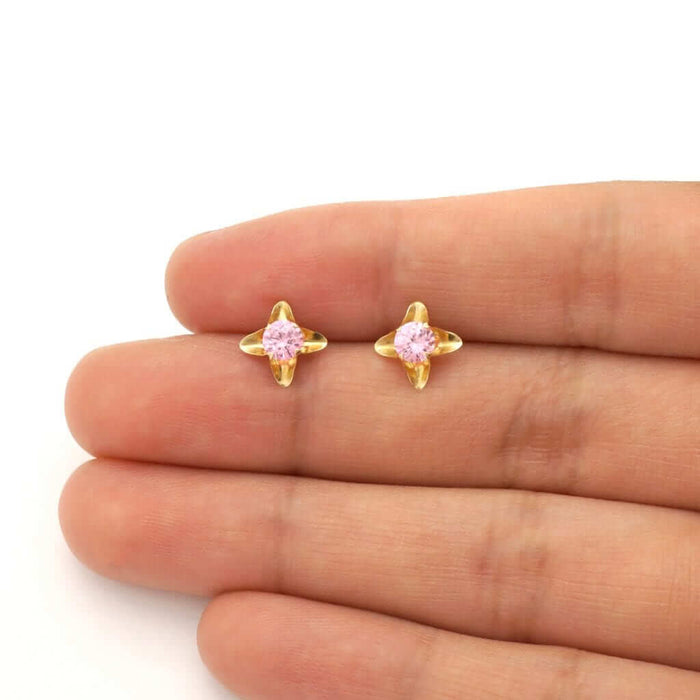 Pink Tourmaline Flower Stud Kid Earrings 14k Yellow Gold Screw-Back