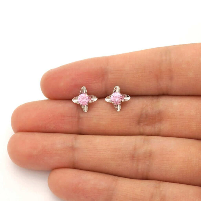 14k White Gold Round-Cut Pink Tourmaline Flower Screw Back Stud Kid Earrings 7mm