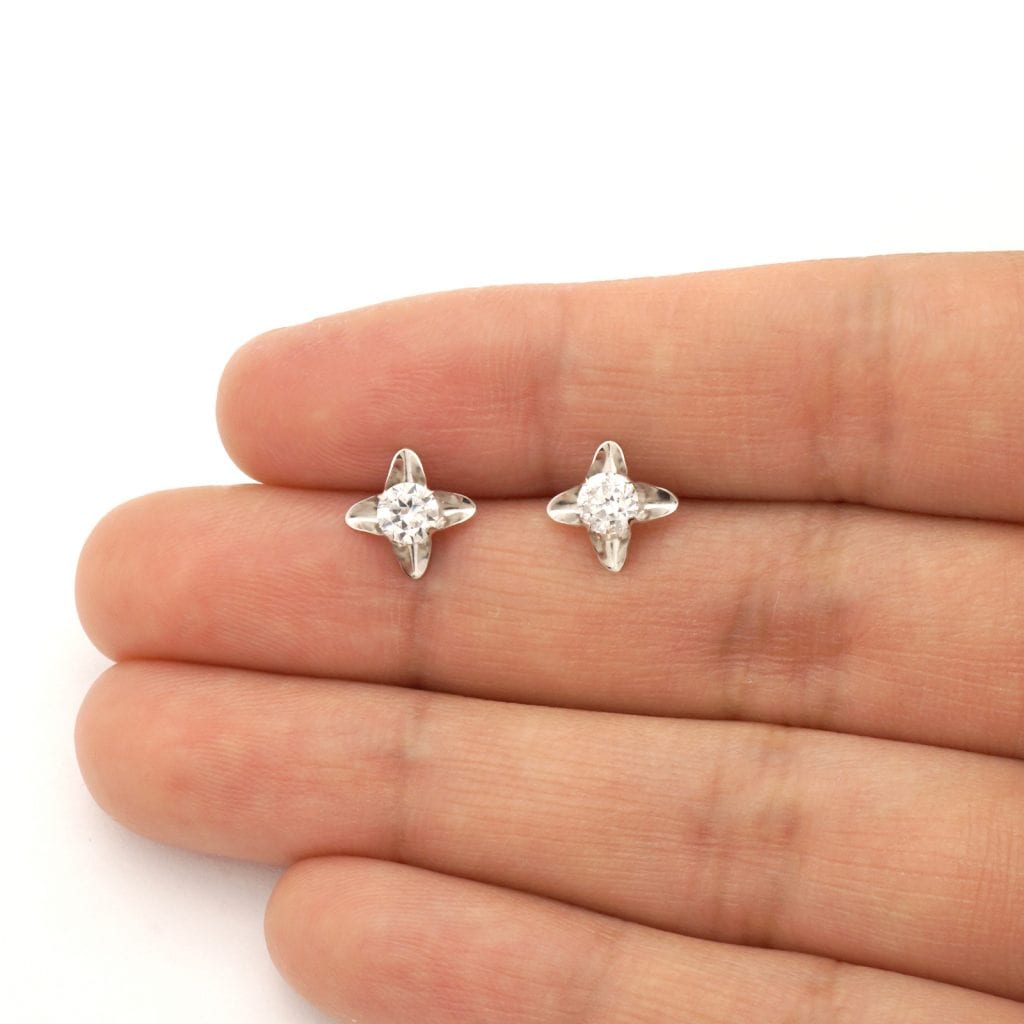 Round Cut White Zircon Flower Baby Screwback Stud Earrings 14k White Gold 7mm