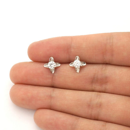 Round Cut White Zircon Flower Baby Screwback Stud Earrings 14k White Gold 7mm