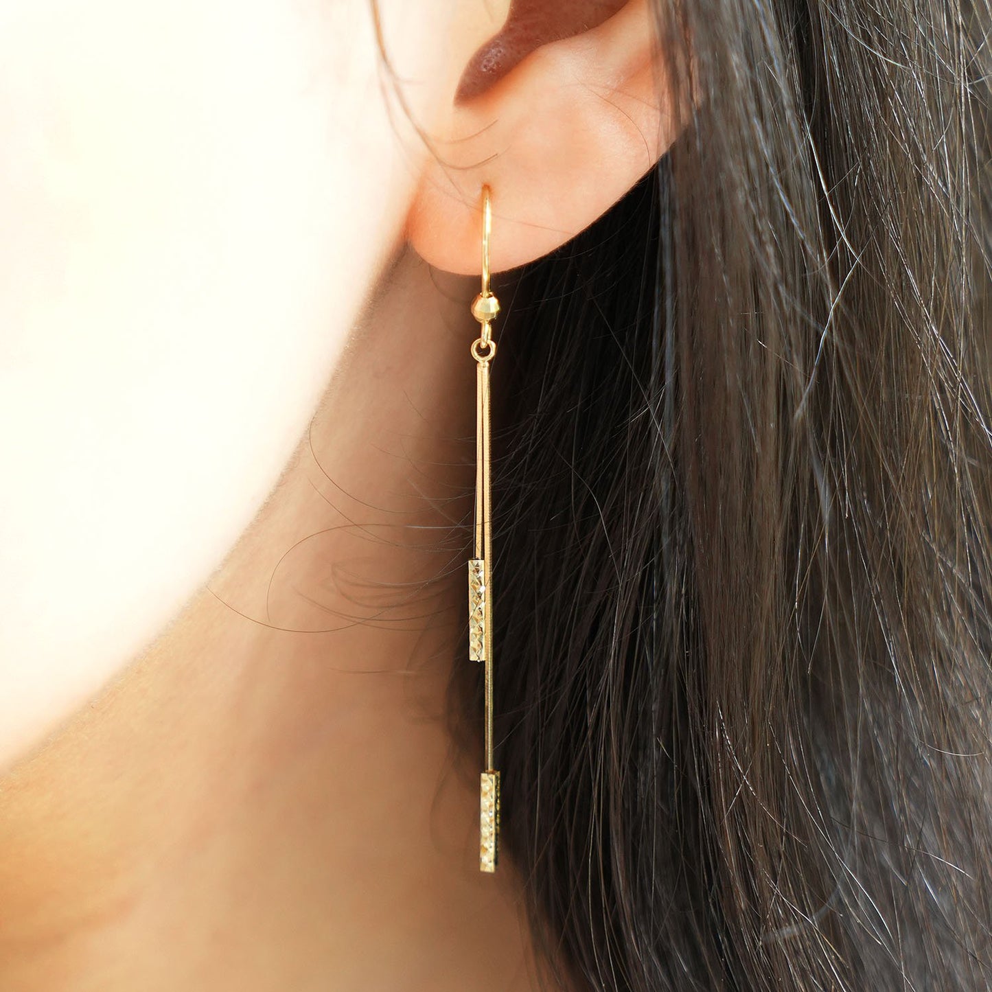 14K Gold Diamond-Cut Double Bar Linear Drop Down Ear Wire Earrings 66mm