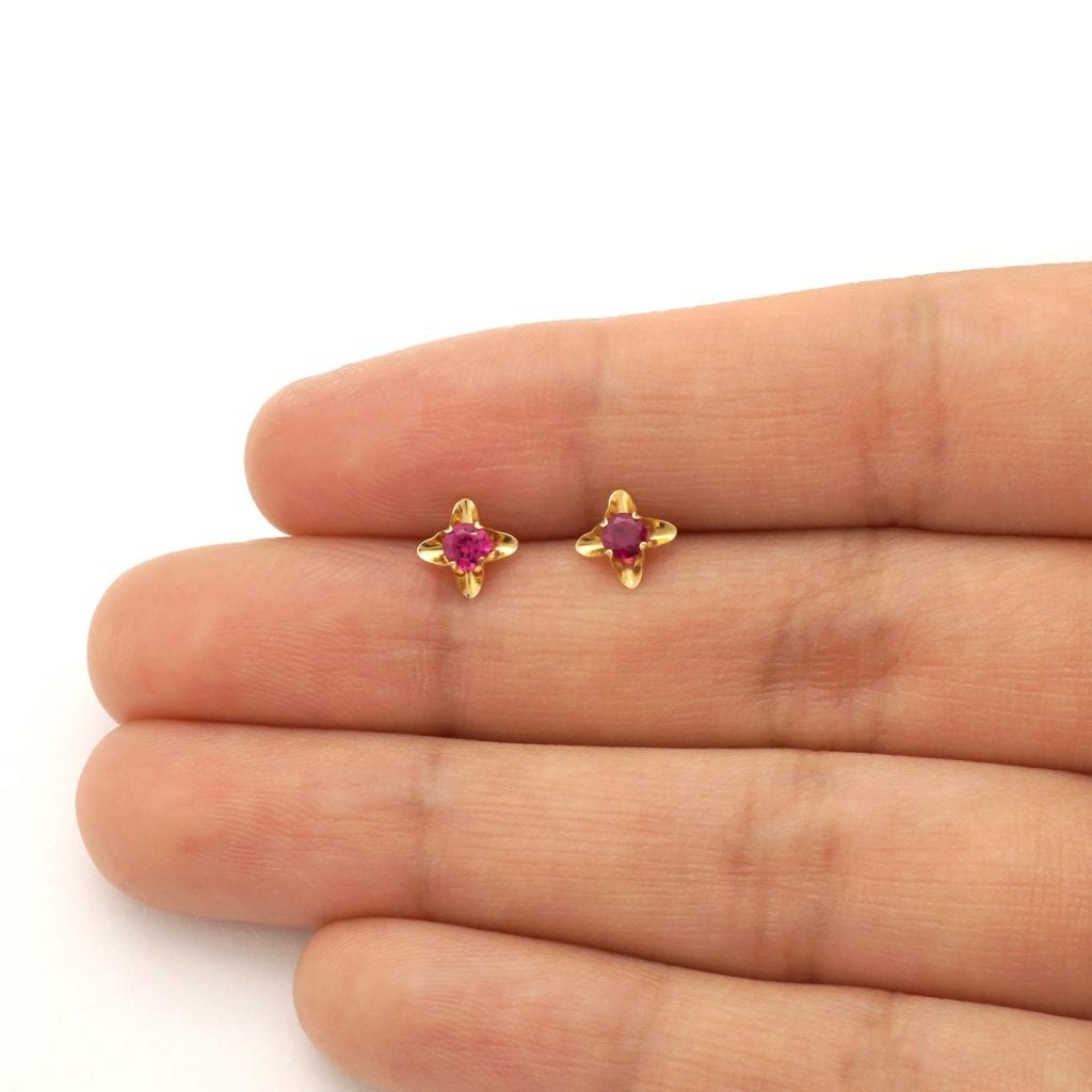 14k Yellow Gold Round Cut Ruby Flower Baby Screwback Stud Gemstone Earrings 5mm