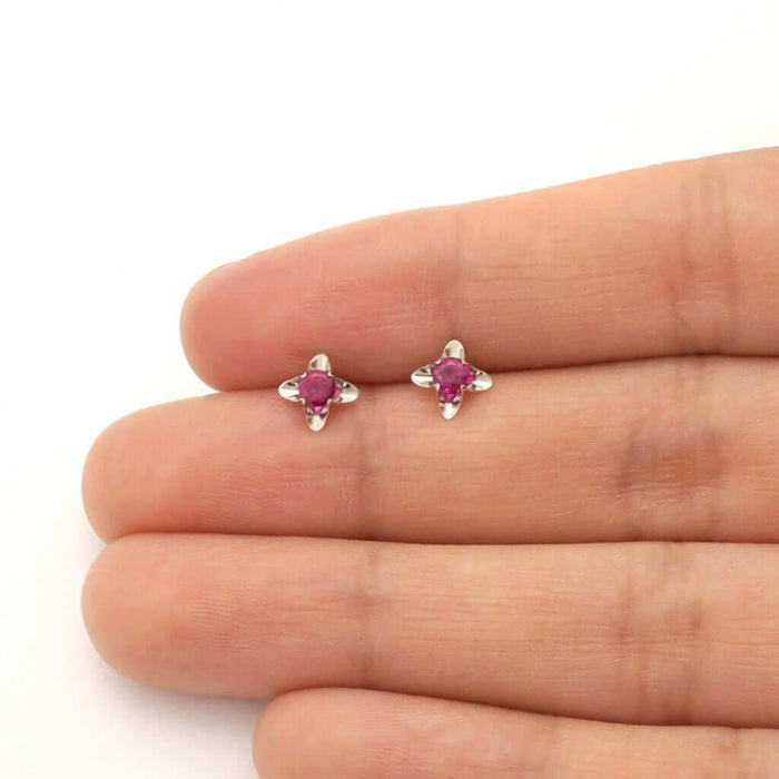 Round-Cut Ruby Gemstone Flower Baby Screw Back Stud Earrings 5mm 14k White Gold