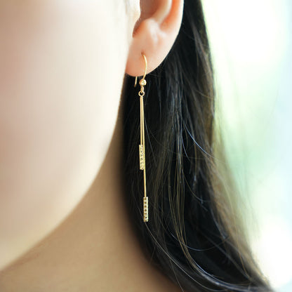 14K Gold Diamond-Cut Double Bar Linear Drop Down Ear Wire Earrings 66mm