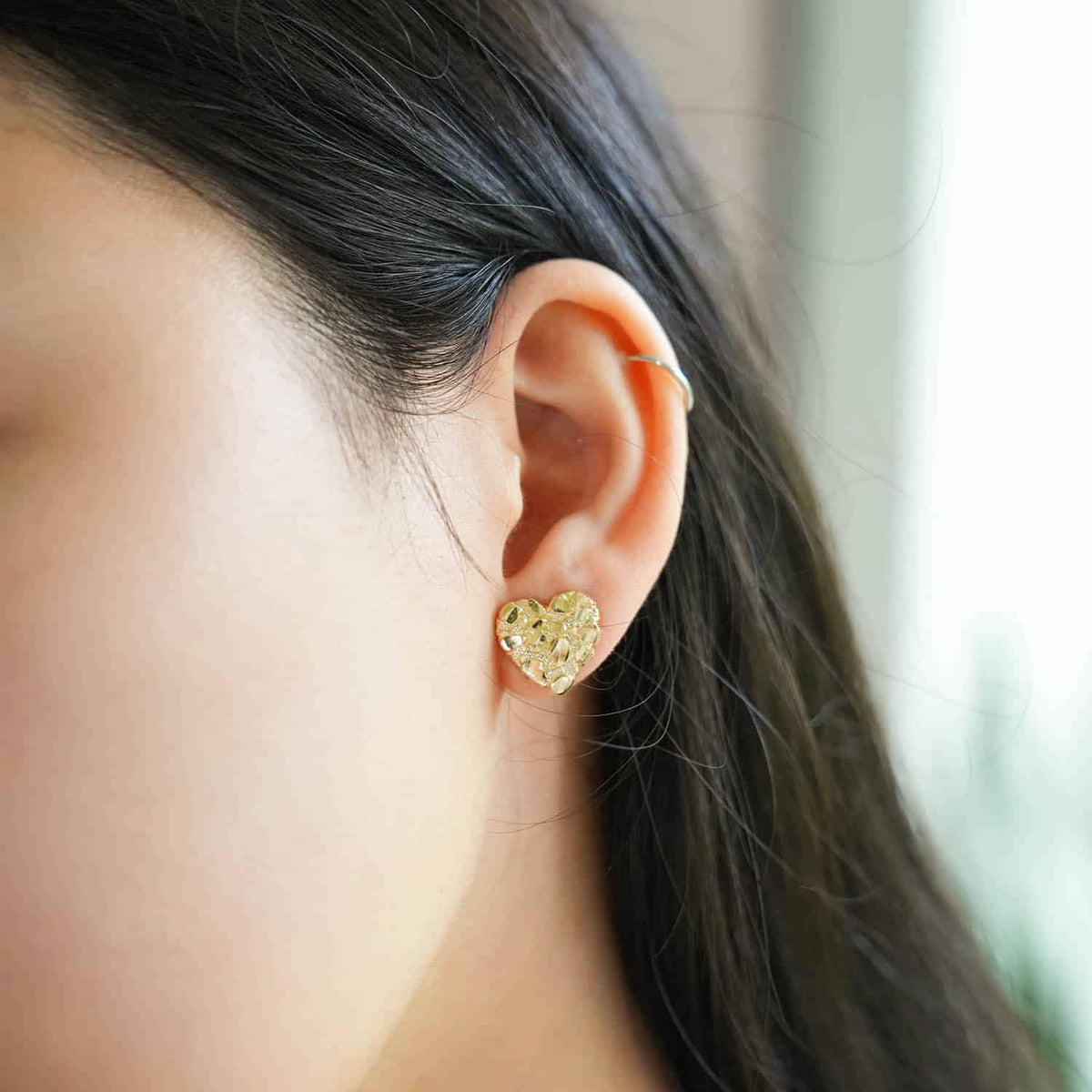 10K Yellow Gold Heart Nugget Stud Earrings 11mm 12mm 17mm