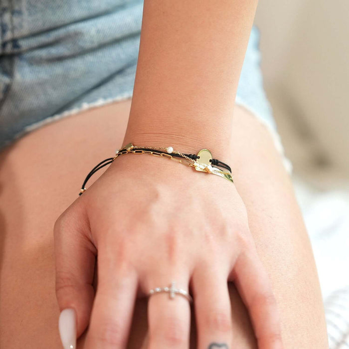 Engravable 14K Yellow Gold Heart Cord Friendship Bracelet 5" - 9.25" Adjustable - WJD Exclusives