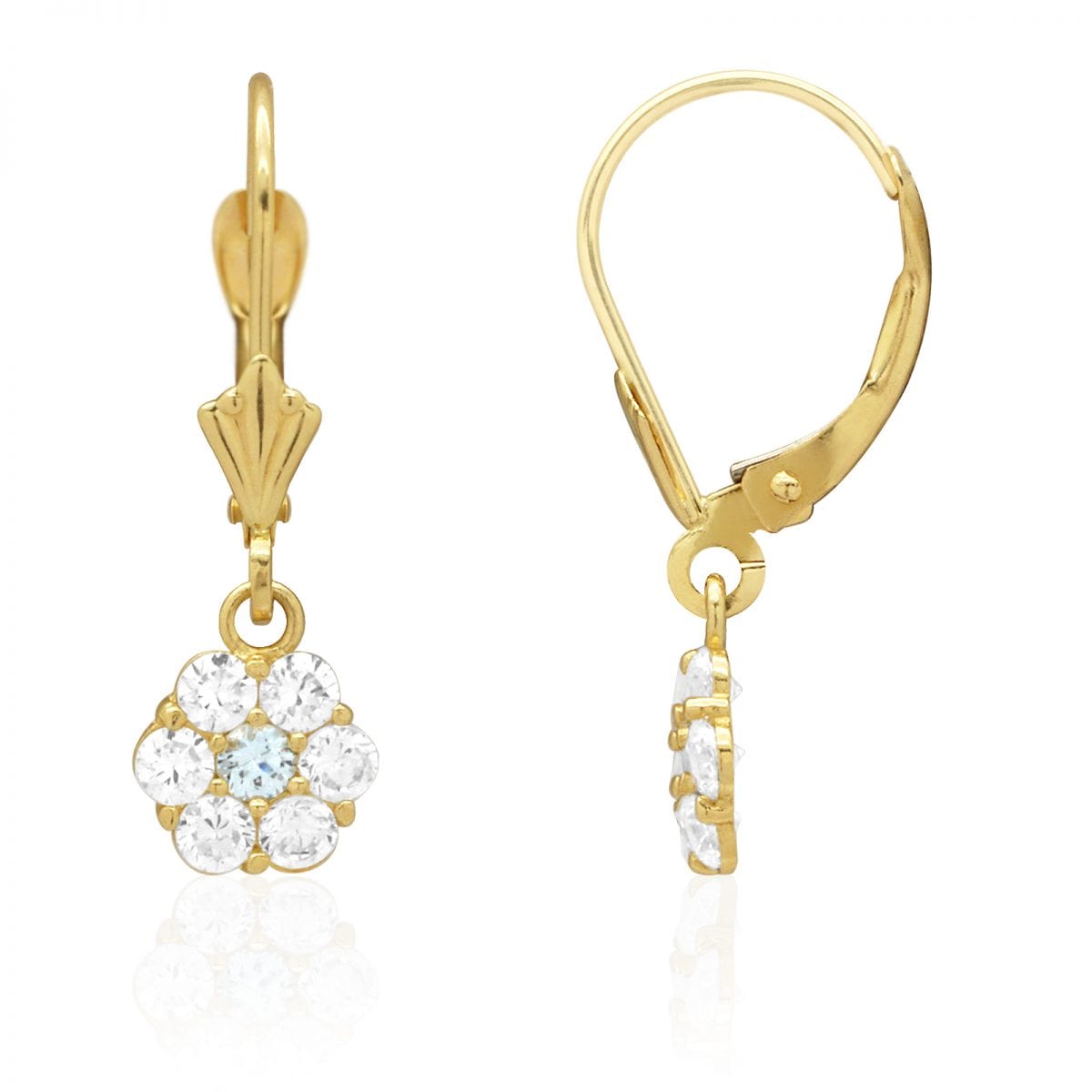 CZ Birthstone Flower  Leverback Earrings 14k Yellow Gold