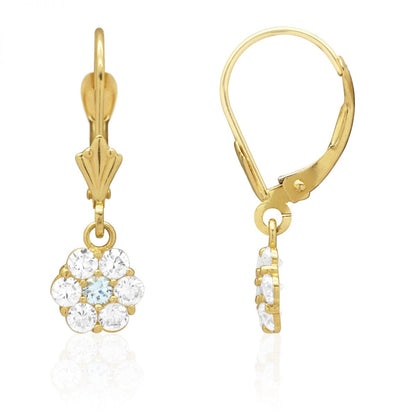 CZ Birthstone Flower  Leverback Earrings 14k Yellow Gold