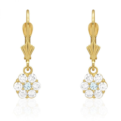 CZ Birthstone Flower  Leverback Earrings 14k Yellow Gold