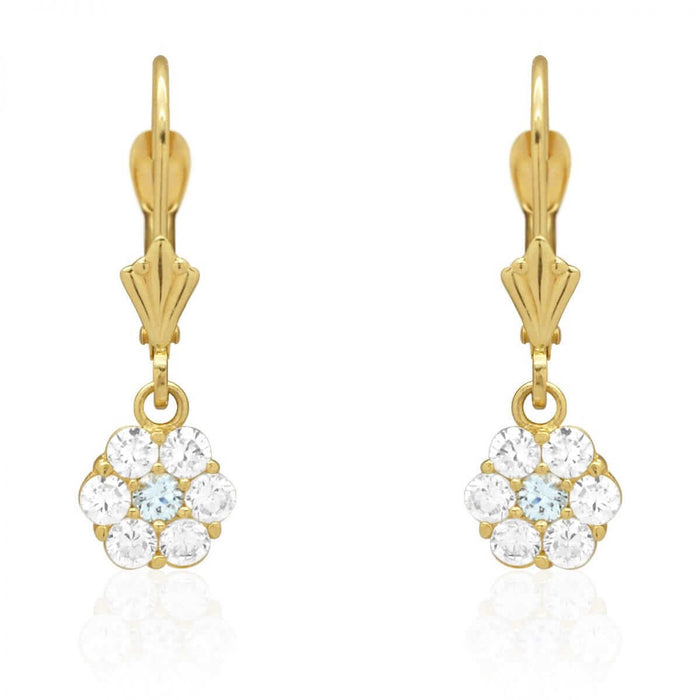 CZ Birthstone Flower Leverback Earrings 14k Yellow Gold