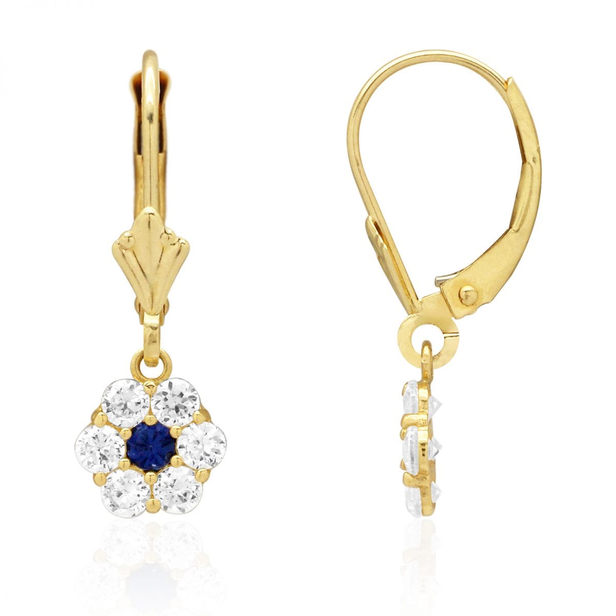 CZ Birthstone Flower  Leverback Earrings 14k Yellow Gold