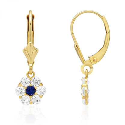 CZ Birthstone Flower  Leverback Earrings 14k Yellow Gold