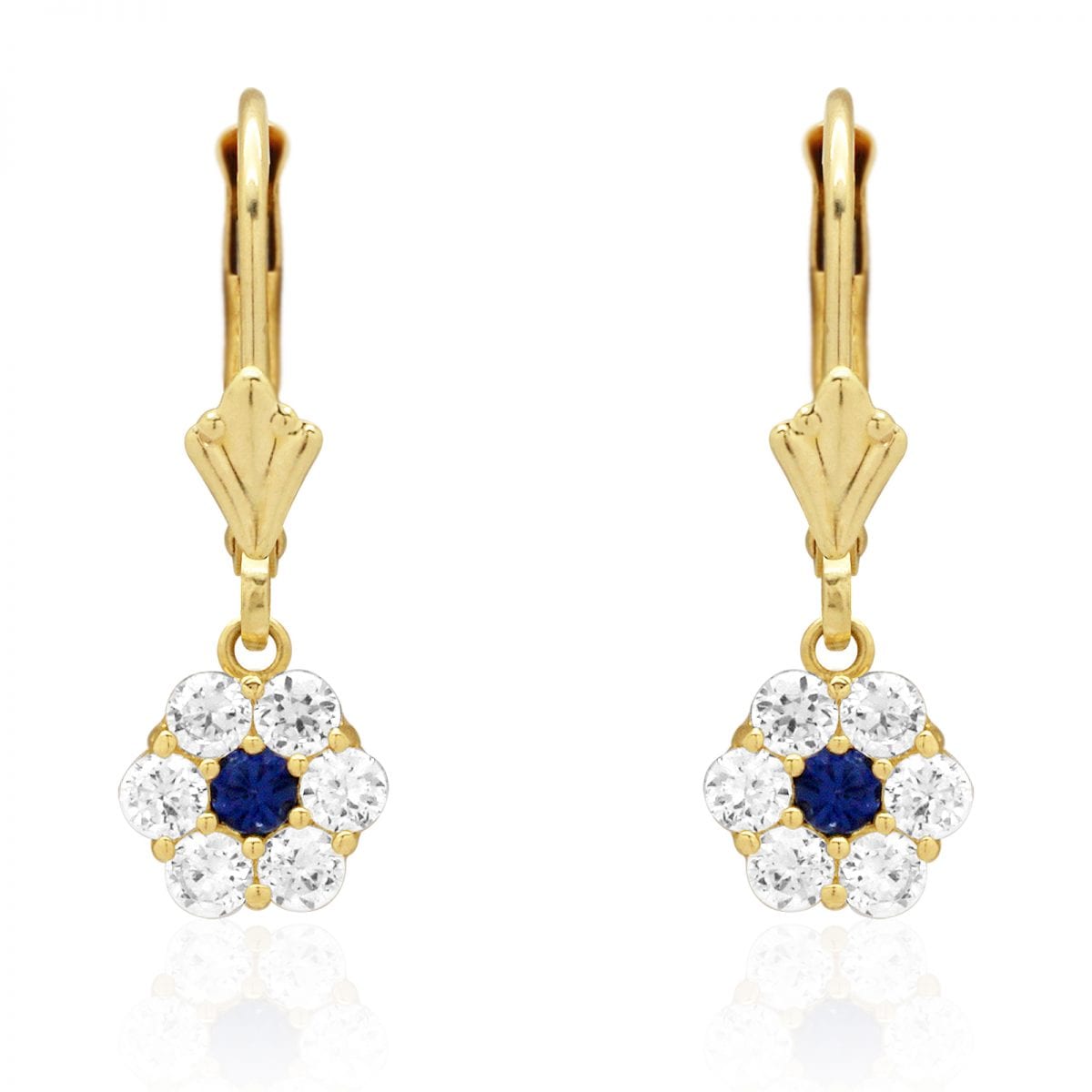 CZ Birthstone Flower  Leverback Earrings 14k Yellow Gold