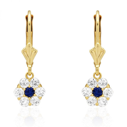 CZ Birthstone Flower  Leverback Earrings 14k Yellow Gold