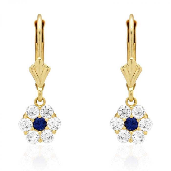 CZ Birthstone Flower Leverback Earrings 14k Yellow Gold