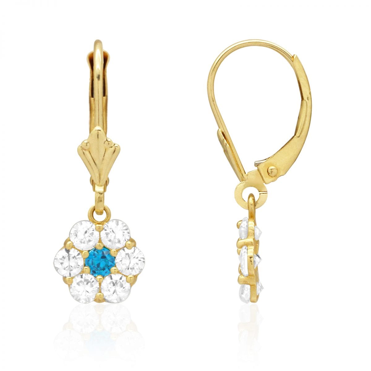 CZ Birthstone Flower  Leverback Earrings 14k Yellow Gold