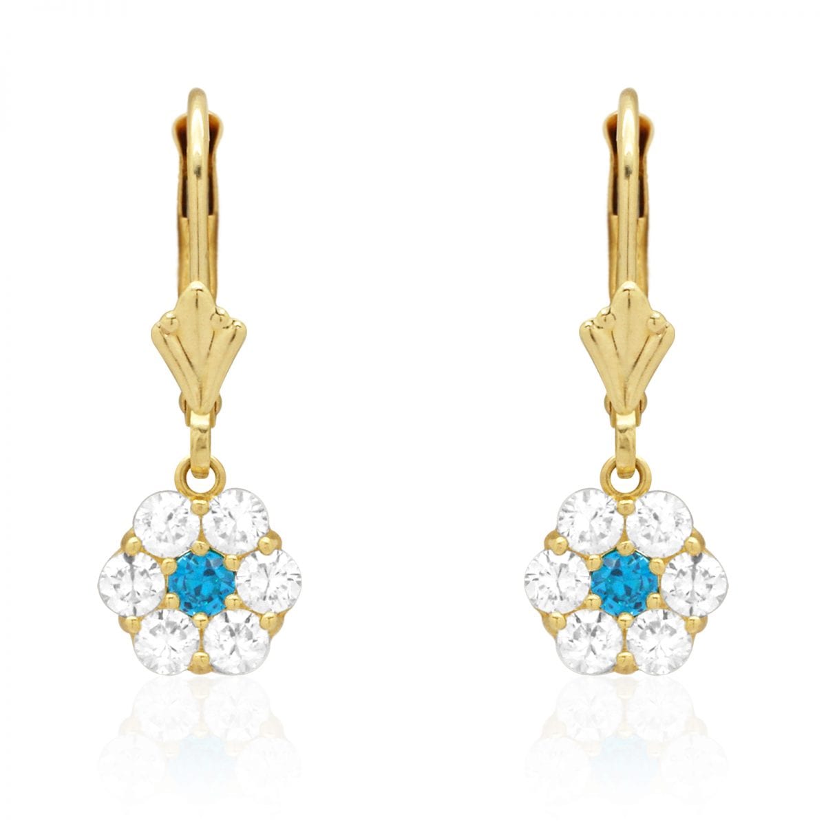 CZ Birthstone Flower  Leverback Earrings 14k Yellow Gold