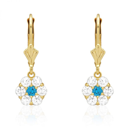CZ Birthstone Flower  Leverback Earrings 14k Yellow Gold