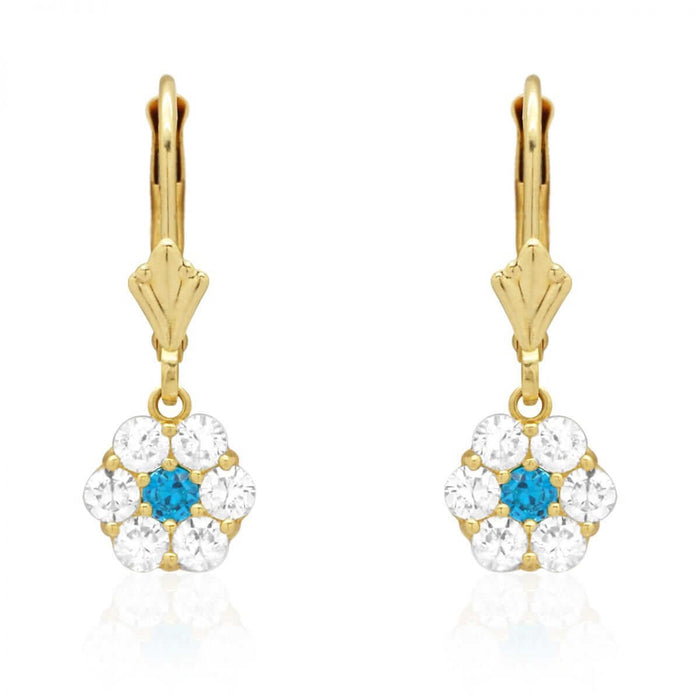 CZ Birthstone Flower Leverback Earrings 14k Yellow Gold