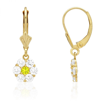 CZ Birthstone Flower  Leverback Earrings 14k Yellow Gold