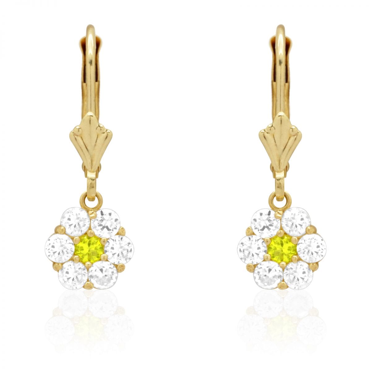 CZ Birthstone Flower  Leverback Earrings 14k Yellow Gold