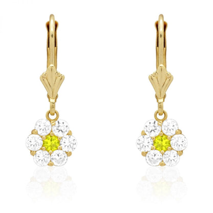 CZ Birthstone Flower  Leverback Earrings 14k Yellow Gold