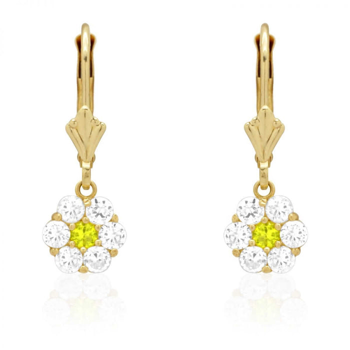 CZ Birthstone Flower Leverback Earrings 14k Yellow Gold